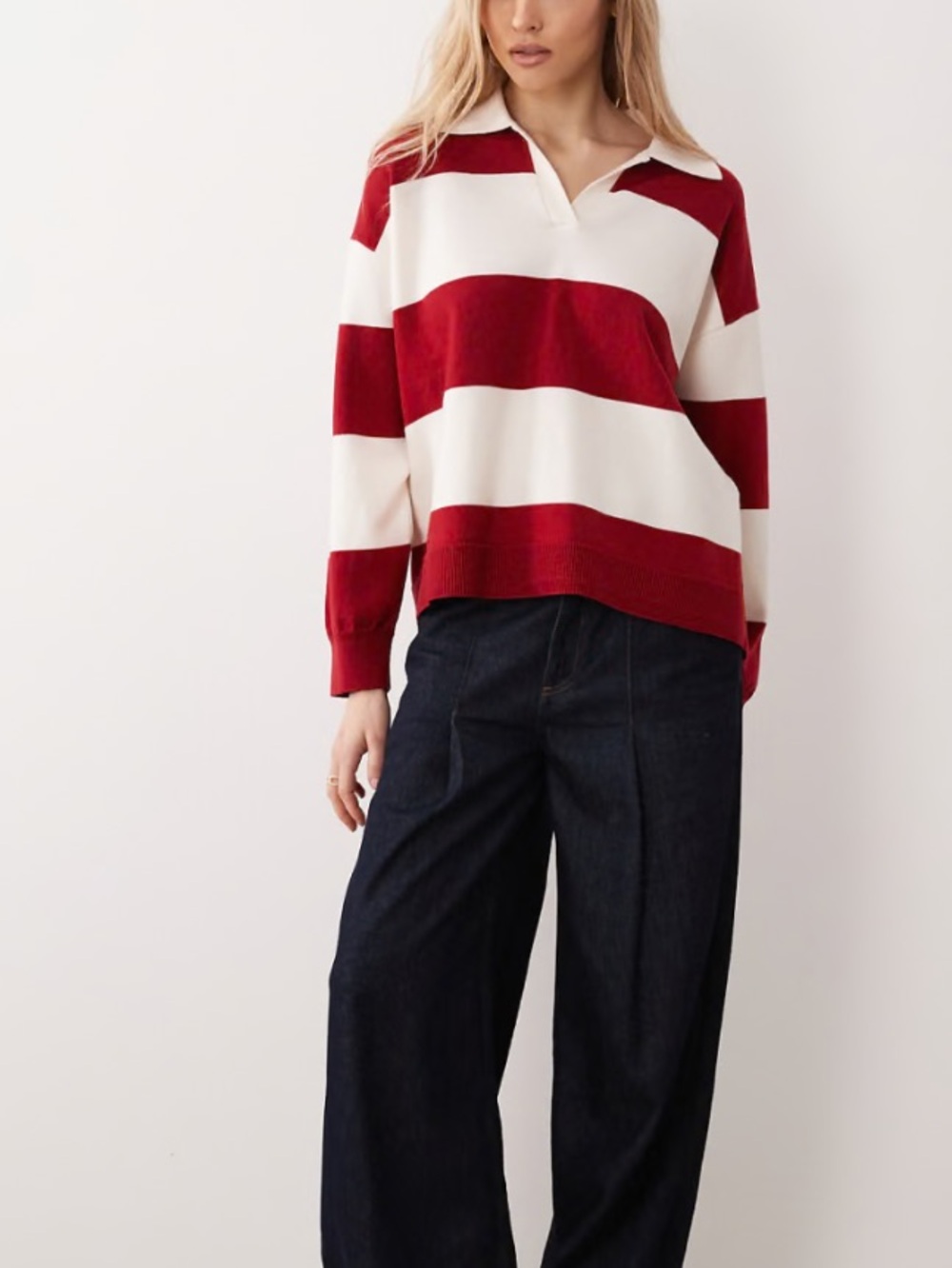 Mango Red & White Striped Polo Collar Relaxed Fit Sweater Size S - Picture 11 of 13